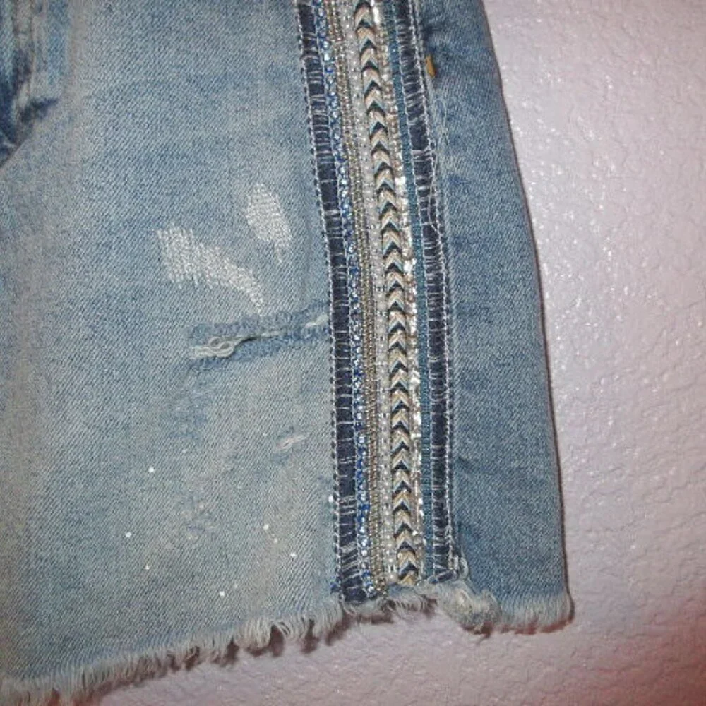 We The Free People Denim Mini Skirt Size 0 McBling Distressed Boho Hippie Grunge